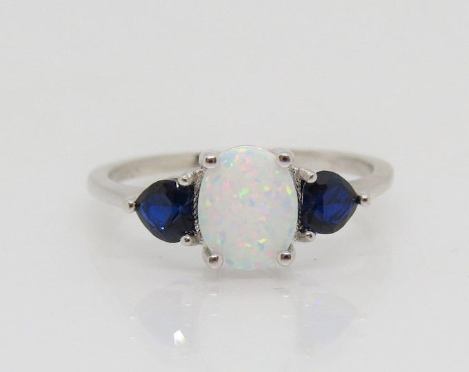 Vintage Sterling Silver White Opal & Blue Sapphire Ring Size 7