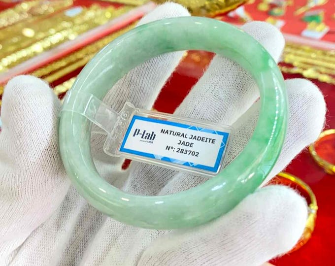 Translucent Natural Green, White Jadeite Jade Vintage Bangle Bracelet 56.1MM