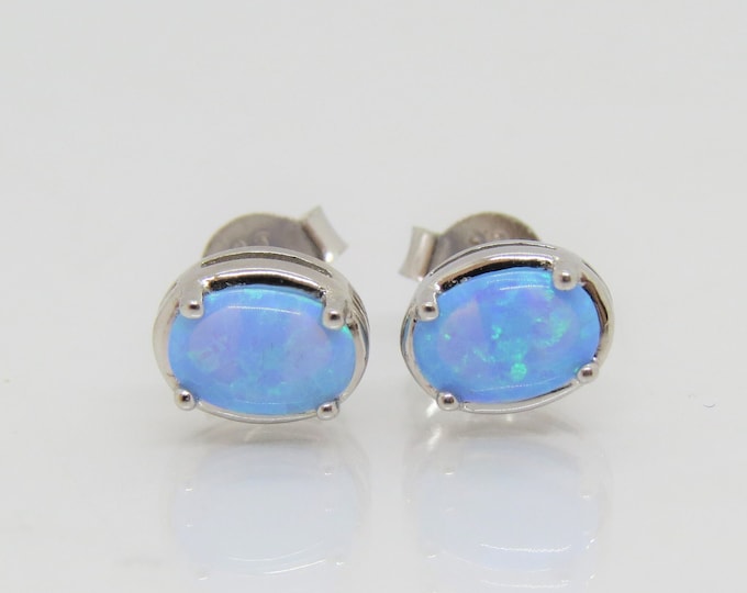 Vintage Sterling Silver Oval Blue Opal Stud Earrings