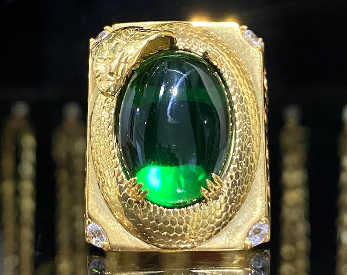 Vintage 15K 610 Yellow Gold Emerald Cabochon & White Topaz Cobra, Snake Ring Size 8.5