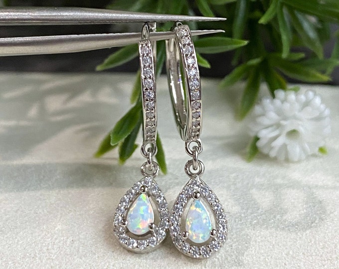 Vintage Sterling Silver White Opal & White Topaz Hoop Earrings.