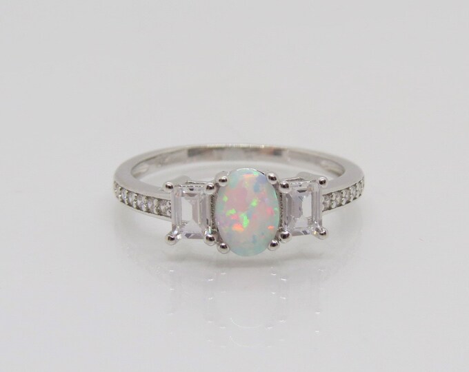 Vintage Sterling Silver White Opal & White Topaz Ring Size 7