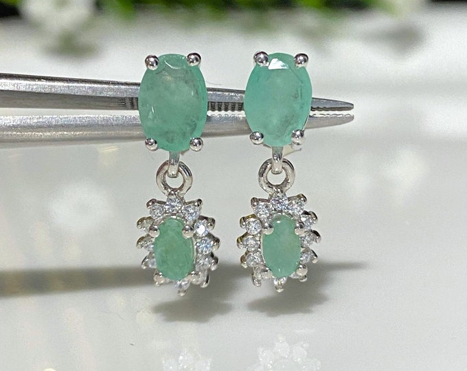 Vintage Sterling Silver Natural Oval Emerald Earrings.