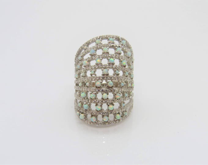 Vintage Sterling Silver White Opal & White Topaz Dome Ring Size 9
