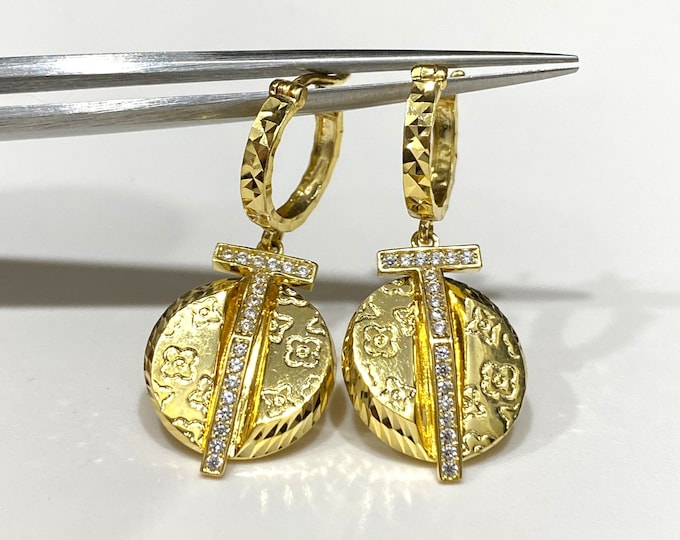 Vintage 15K 610 Solid Yellow Gold White Topaz Dangle Earrings.
