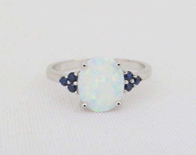 Vintage Sterling Silver White Opal & Blue Sapphire Ring Size 6