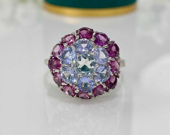 Vintage Sterling Silver Natural Rhodolite, Aquamarine & Tanzanite Ring Size 8 1/4