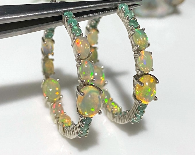 Vintage Sterling Silver Oval cut Fire Opal, Emerald Earrings 32MM