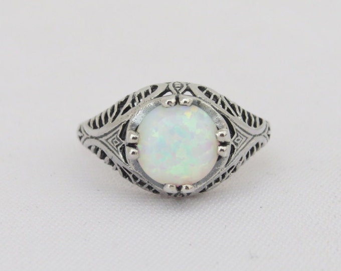Vintage Sterling Silver White Opal Filigree Ring Size 9