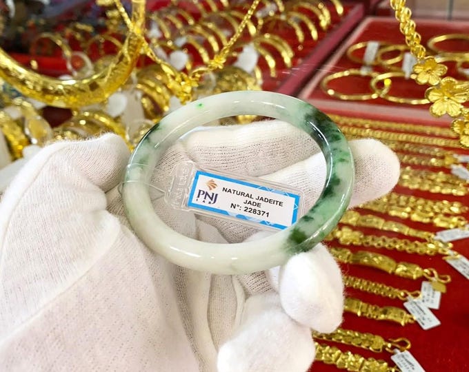 Natural Green, White Jadeite Jade Vintage Bangle Bracelet 56.5MM
