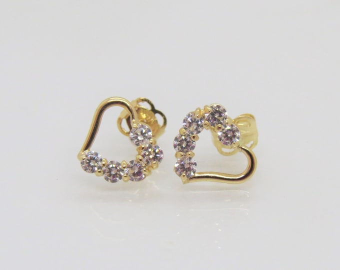 Vintage 14K Solid Yellow Gold White Topaz Heart Stud Earrings