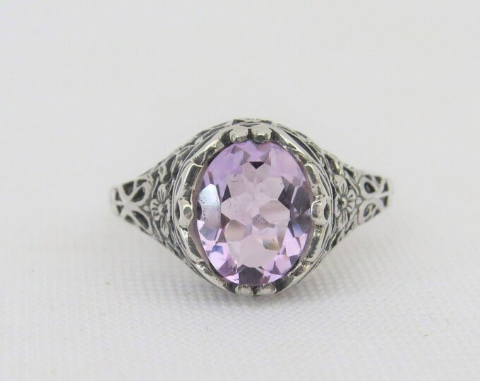 Vintage Sterling Silver Natural Oval Amethyst Filigree Ring Size 7
