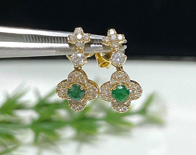 Vintage 14K Solid Yellow Gold Genuine Emerald & Diamond Earrings.