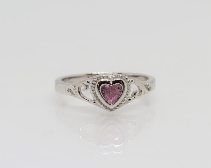 Vintage Sterling Silver Pink Topaz Heart Filigree Ring Size 6