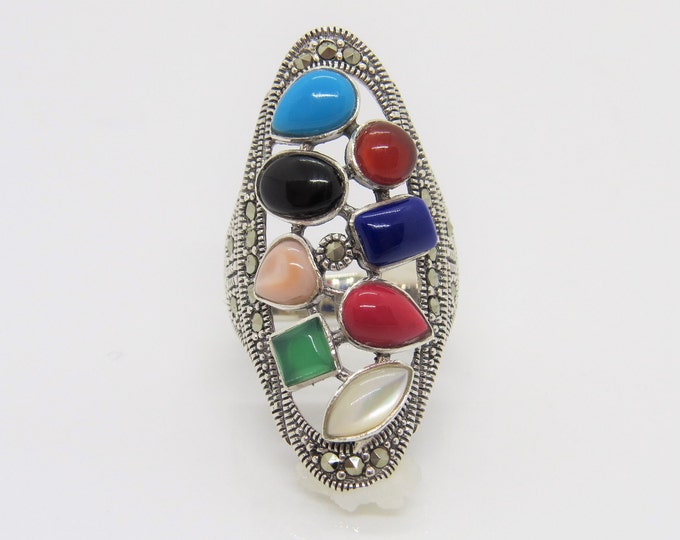 Vintage Sterling Silver Multi Color Gemstone & Marcasite Long Ring Size 8