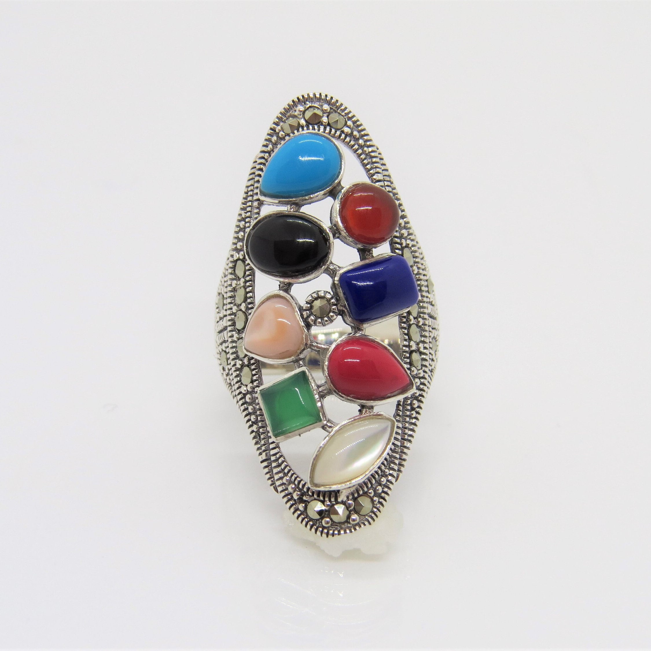 Vintage Sterling Silver Multi Color Gemstone & Marcasite