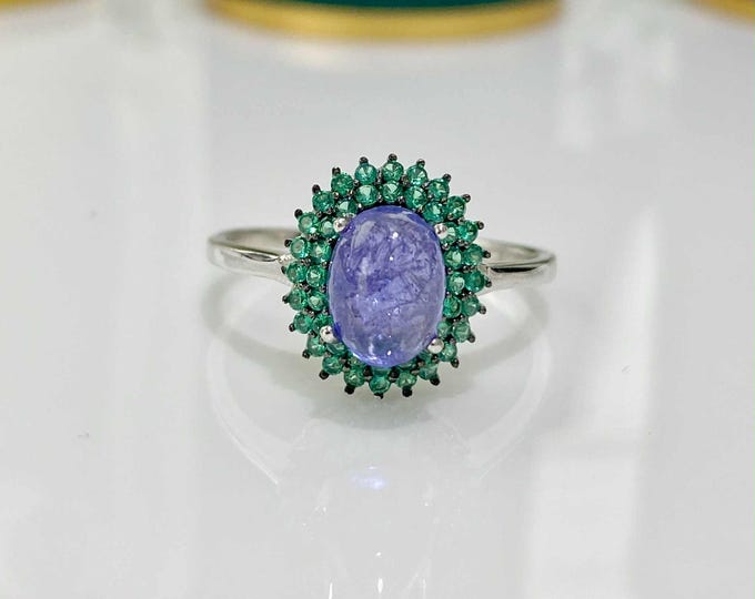 Vintage Sterling Silver Natural Tanzanite & Tsavorite Ring Size 9