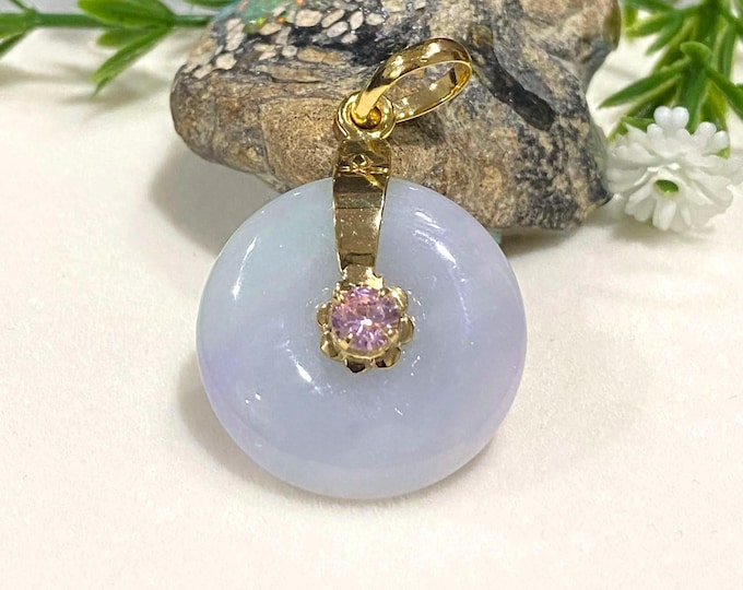 Vintage 15K Solid Yellow Gold Purple Lavender Jadeite Jade Pink Sapphire Donut Circle Pendant