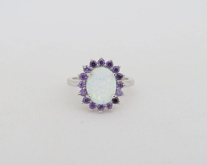 Vintage Sterling Silver White Opal & Amethyst Halo Ring Size 5