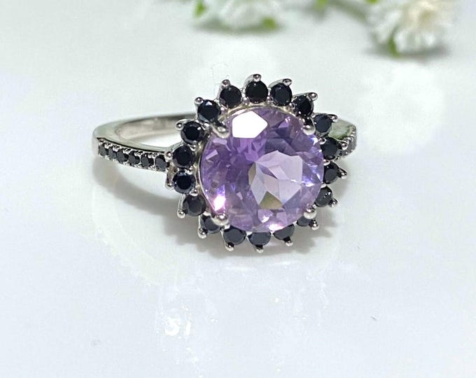 Vintage Sterling Silver Black Spinel & Amethyst Ring Size 8.