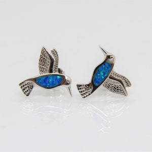 Vintage Sterling Silver Blue Opal Hummingbird Stud Earrings