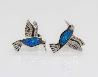Vintage Sterling Silver Blue Opal Hummingbird Stud Earrings