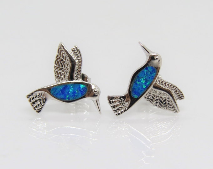 Vintage Sterling Silver Blue Opal Hummingbird Stud Earrings