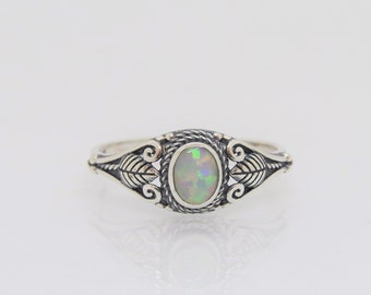 Vintage Bali Sterling Silver White Opal Leaf Ring Size 8