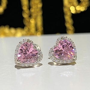 Sterling Silver Pink Sapphire & White Topaz Heart Earrings.