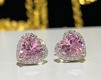 Sterling Silver Pink Sapphire & White Topaz Heart Earrings.