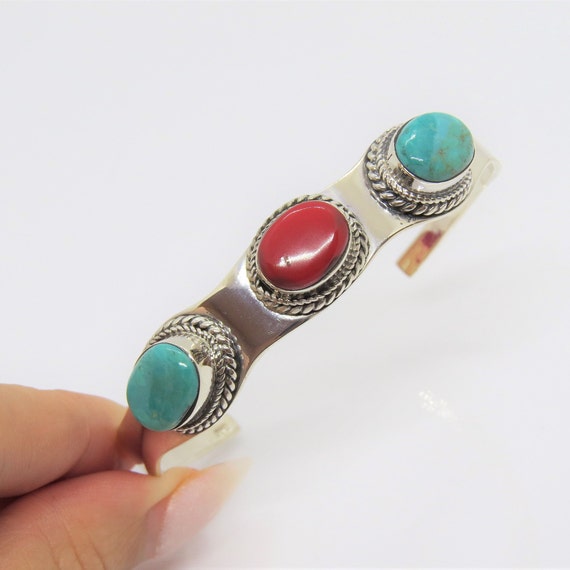 Vintage Sterling Silver Turquoise & Salmon Coral … - image 5
