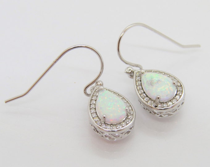 Vintage Sterling Silver Pear cut White Opal & White Topaz Dangle Earrings