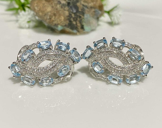 Vintage Sterling Silver Oval cut Natural Aquamarine & Tourmaline Earrings