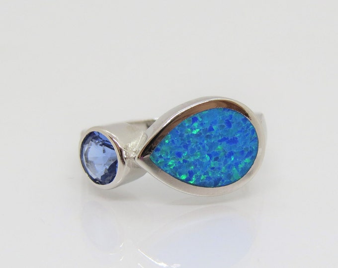 Vintage Sterling Silver Blue Opal & Tanzanite Dome Ring Size 7