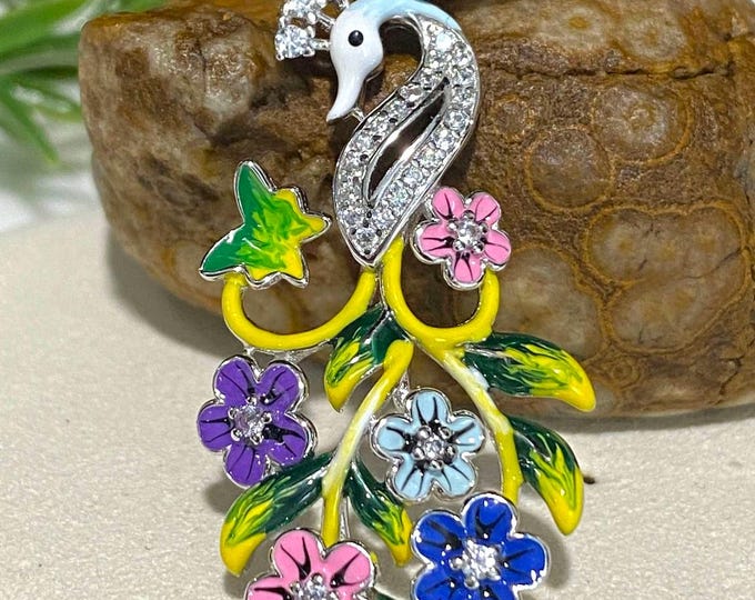 Vintage Sterling Silver Enamel Peacock White Topaz Pendant.