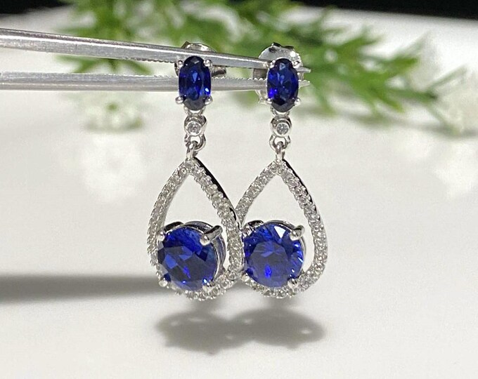 Vintage Sterling Silver Round cut Blue Sapphire & White Topaz Dangle Earrings.