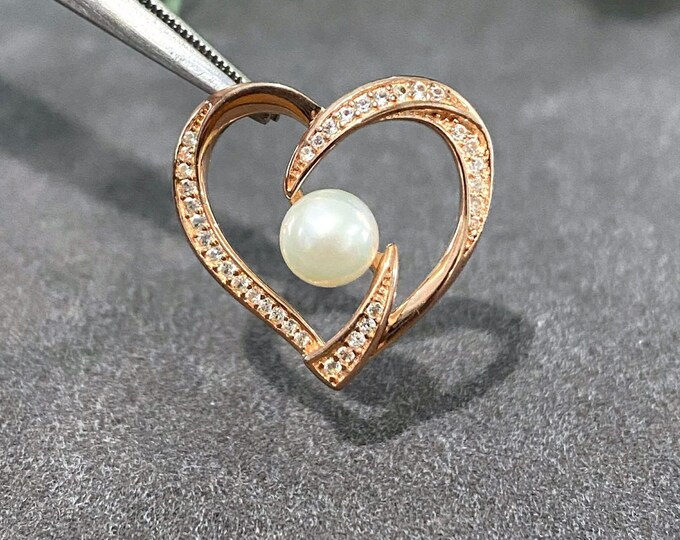 Vintage Rose Gold Plate on Sterling Silver Cultured Pearl & White Topaz Heart Pendant.