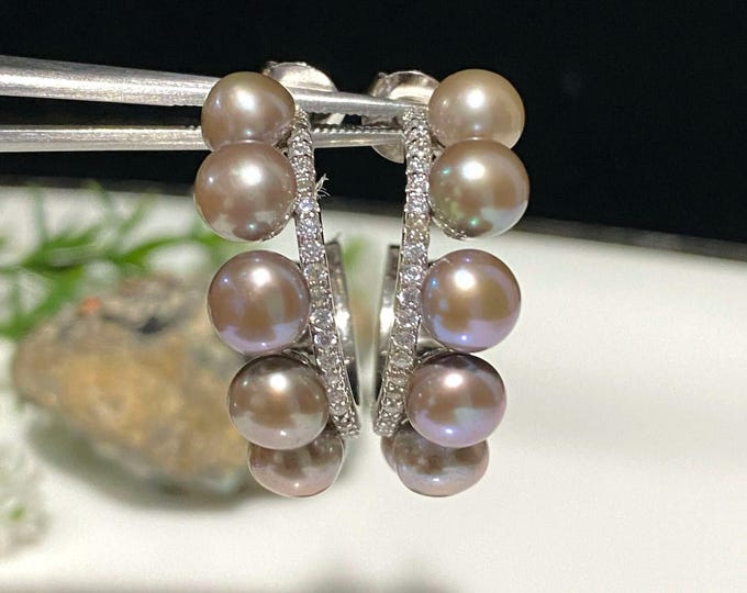 Vintage Sterling Silver Natural Pearls & White Topaz Earrings