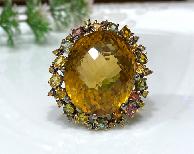 Vintage Sterling Silver Oval cut 55ct Natural Citrine & Tourmaline, Sapphire Ring Size 7.25