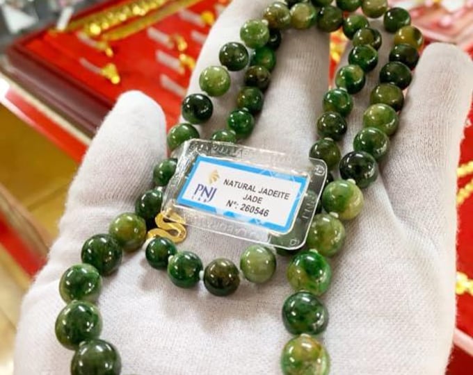 Vintage 14K Yellow Gold Translucent Natural Green, Brown Jadeite Jade Bead Necklace 24''