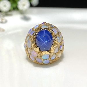 Vintage 14K Solid Yellow Gold Natural Opal and Blue Star Sapphire Ring Size 6