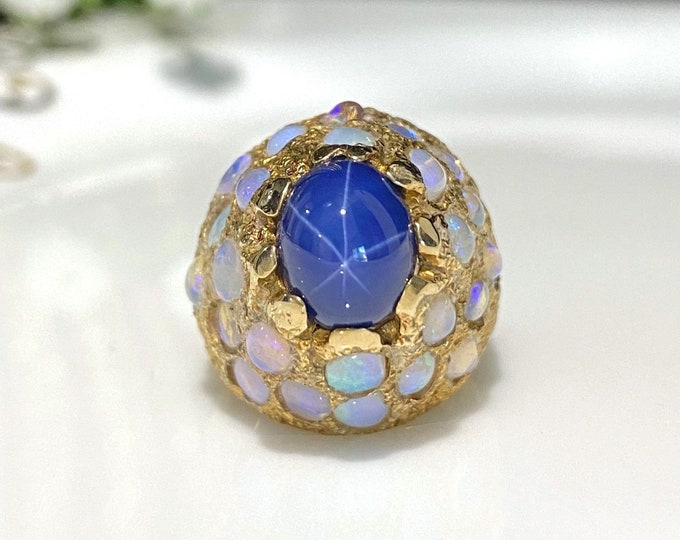 Vintage 14K Solid Yellow Gold Natural Opal and Blue Star Sapphire Ring Size 6