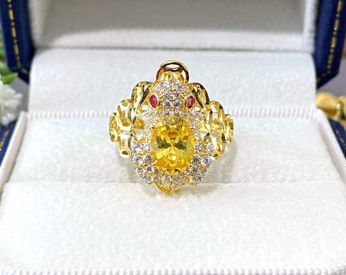 Vintage 15K 610 Solid Yellow Gold Citrine & White Topaz Ruby Eye's Frog Ring Size 6 1/2
