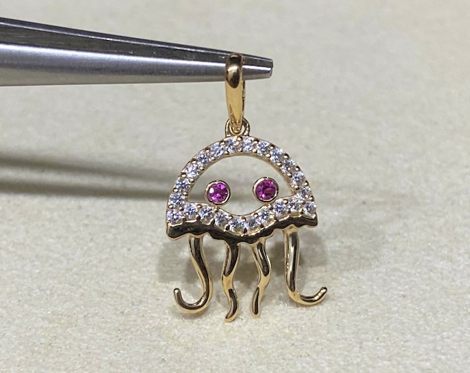 14K Solid Yellow Gold White Topaz & Ruby Octopus Tiny Pendant.