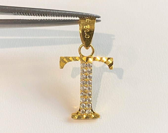 Vintage 15K 610 Letter T White Topaz Pave Pendant