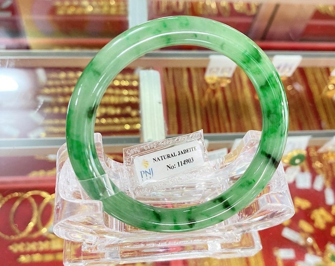 Translucent Natural Green, Black Jadeite Jade Vintage Bangle Bracelet 54.9MM