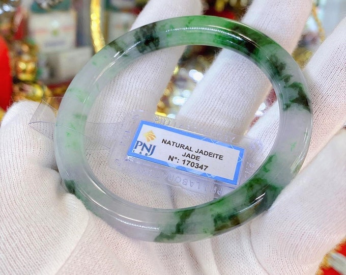 Translucent Natural Green, White & Black Jadeite Jade Vintage Bangle Bracelet 60.8MM