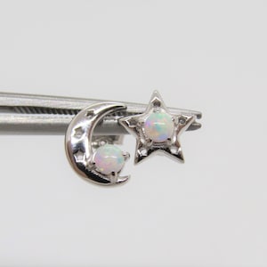 Vintage Sterling Silver White Opal Moon & Star Tiny Earrings