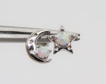 Vintage Sterling Silver White Opal Moon & Star Tiny Earrings