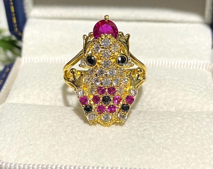 Vintage 15K 610 Solid Yellow Gold Ruby & White Topaz Black Sapphire Eye's Frog Ring Size 6.75